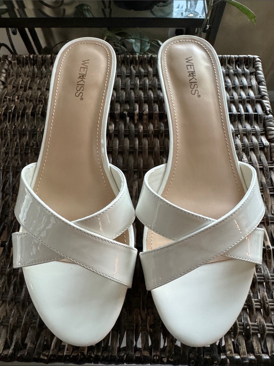 Wetkiss Shoes - WETKISS kitten heel mules‎ off white crossstrap slip on women’s size 10